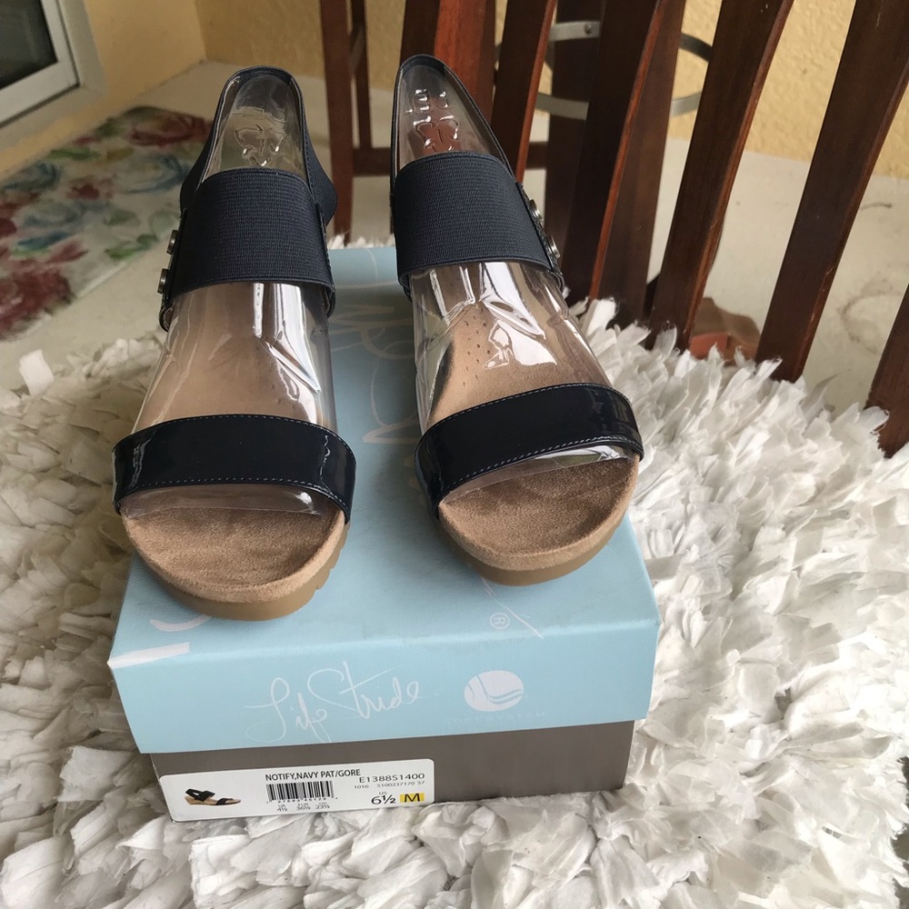 NEW Life Stride Navy Patent Cork Wedge Sandal 6.5